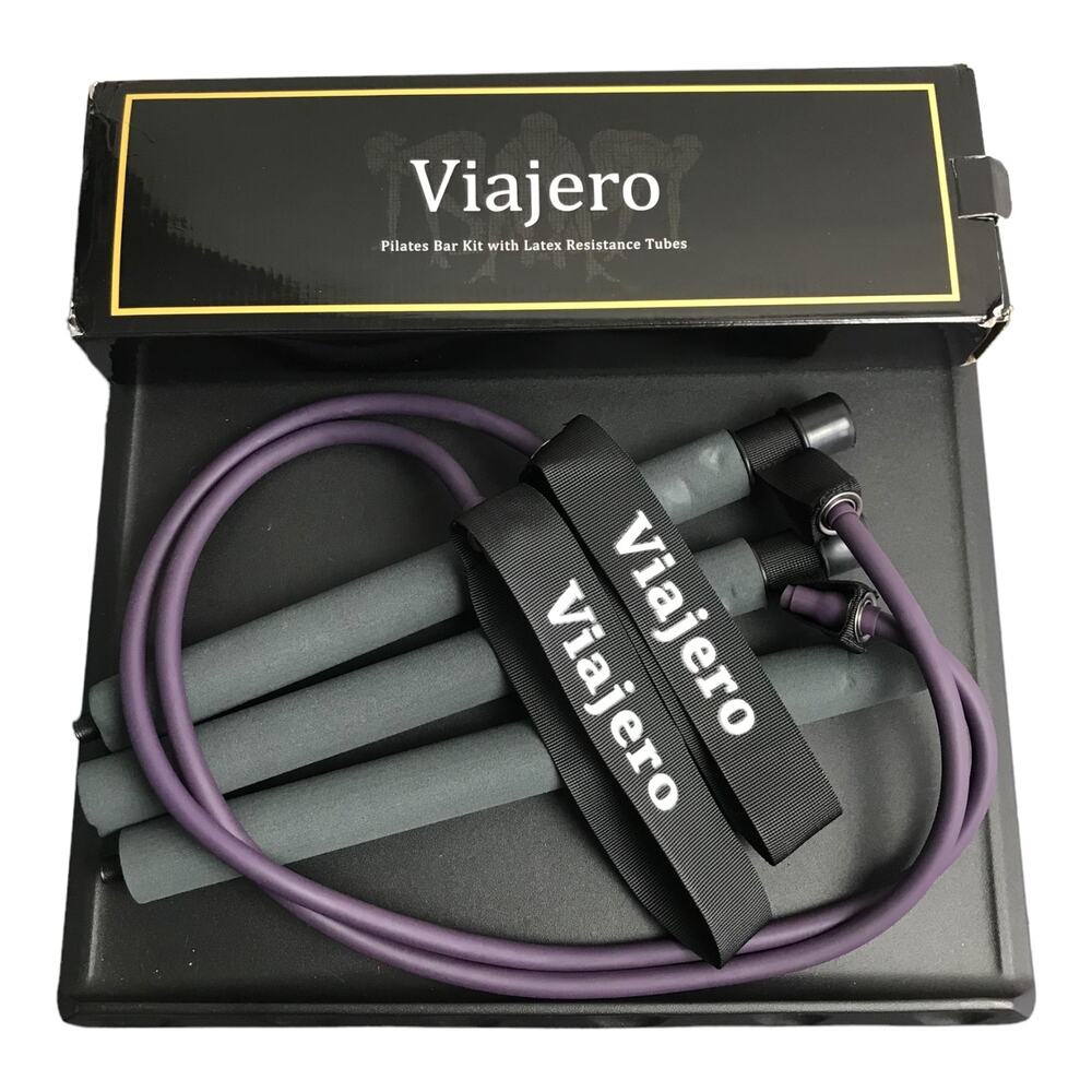 Viajero Pilates Bar Kit Gray With Latex Resistance Tubes Purple Bands Exercise